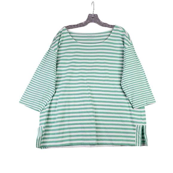 Talbots Tee Shirt Top Long Sleeve Plus Size 1X Cotton Stretch Stripe Green - Picture 2 of 7